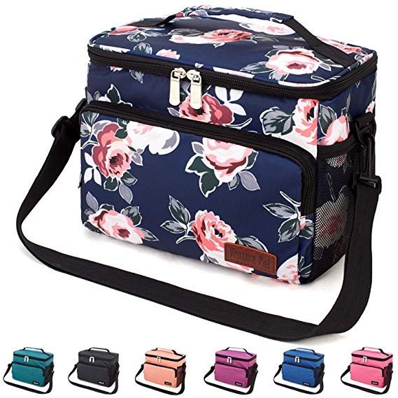 Leakproof Reusable Insulated Cooler Lunch Bag - Office Work Picnic Hiking Beach Lunch Box Organizer with Adjustable Shoulder Strap for Women,Men-Blue Flower