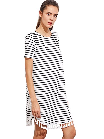 ROMWE Women's casual pom pom Trim fringed Tassel Trim Dolphin Hem Striped Tee Dress