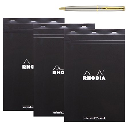 Rhodia Black Dot Pad Nº 19, 8.3 x 12.5, 3-Pack bundled with a Plexon Rollerball Pen