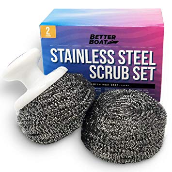 Stainless Steel Scrub Set Marine Grade Scouring Pad Scrubbers and Brush Handle | Refinish Wood Furniture and Boat Teak Decks