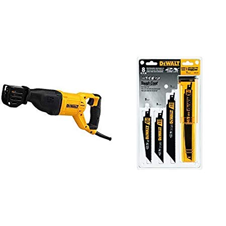 DEWALT DWE305 12 Amp Corded Reciprocating Saw with DWA4101 Bi-Metal 2X Reciprocating Saw Blade Set, 8-Piece