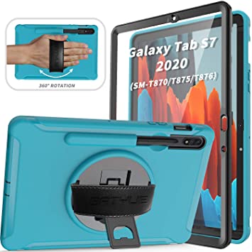 BATYUE Galaxy Tab S7 Case with Screen Protector Pen Holder Hand Strap Rotating Kickstand, Rugged Heavy Duty Shockproof Protective Cover Case for Samsung Tab S7 (2020) SM-T870/T875/T876 (Light Blue)