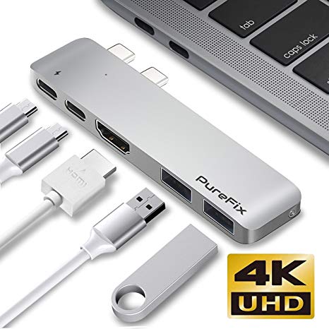 USB Type-C Hub Adapter, Fastest 40Gb/s Type-C 5 in 1 Multi-Port Dongle for MacBook Pro 13"/15" with Thunderbolt 3, Pass-Through Charging, 2 USB 3.1 Ports and 4K HDMI Out (Silver)