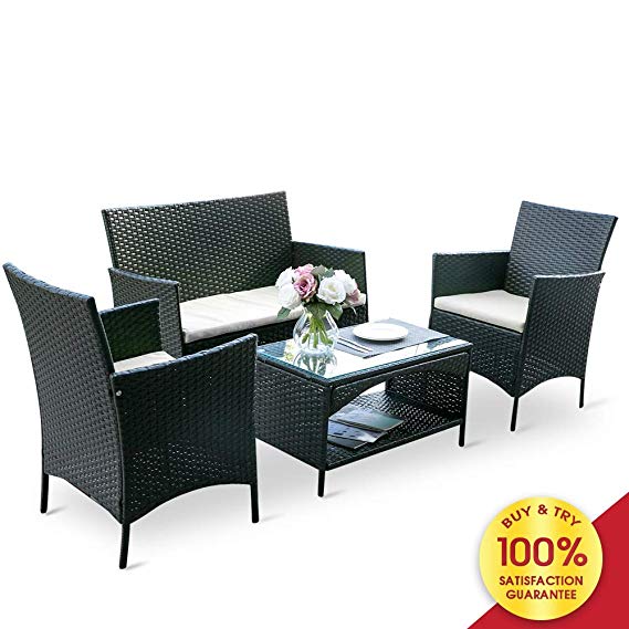 Romatlink 4 PCs Outdoor Rattan Patio Furniture Modern Wicker Conversation Sofa-Set with Cushioned Loveseat Armchairs & Glass Top Coffee Table Perfect for Garden Lawn Pool Backyard, 4-Piece