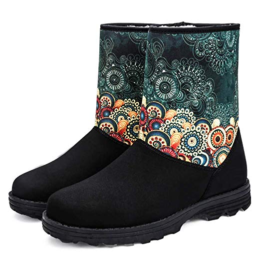 DAYOUT Women Suede Snow Boots - Winter Flat Heel Warm Shoes Mid-Calf Non-Slip Fur Lining Short Snow Boots with Colorful Graffiti Size US6.5-11.5 Available (Black)