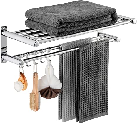 DELAM Bathroom Towel Rack Shelf - Lavatory Bath Towel Shelf with 2 Towel Bars 5 Hooks, Wall Mount Towel Holder SUS 304 Stainless Steel Polished Surface Finish, Silver