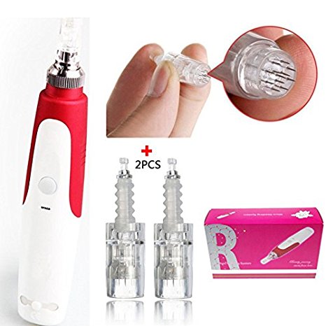 Derma Micro Needle Stamp Electric Auto Pen with 2pcs 0.25MM-2.0MM Adjustable 12 Needle Cartridge