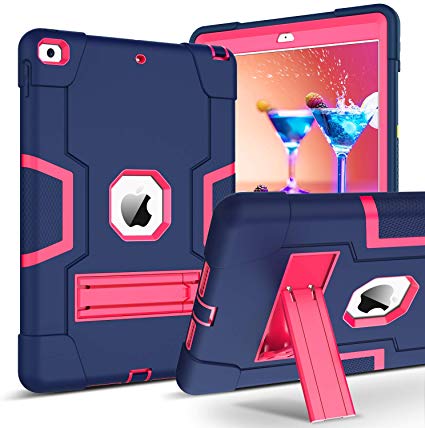 DOMAVER iPad 7th Generation Case, iPad 10.2 Case, 3 in 1 iPad Cases with Kickstand Heavy Duty Shockproof Hard PC Soft Silicone Rugged Drop Protection Cover for iPad 7th Gen 10.2'' 2019 - Navy Blue Rose Red