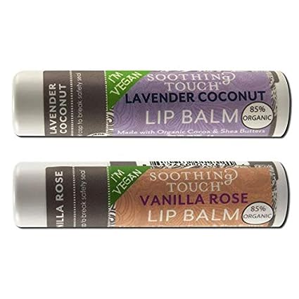 Soothing Touch Vegan Lip Balm - Variety Pack of 2 - Lavender Coconut and Vanilla Rose