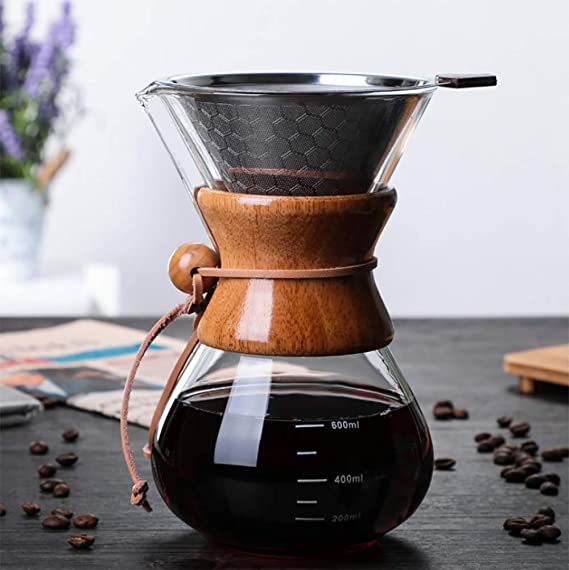 Pour Over Coffee Maker, BicycleStore Paperless Glass Carafe with Stainless Steel Filter Reusable Glass Coffee Pot Manual Coffee Dripper Brewer Hand Drip with Wood Sleeve for Home Travel (14 oz/400 ml)