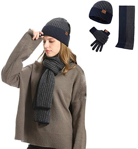 3 Pieces in 1 Winter Warm Thick Knit Beanie Hat Long Scarf and Touchscreen Driving Gloves Set for Men Women (Navy Blue)