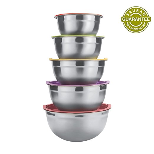 Sauran 5 Piece Mixing Bowls Large 5 Quart Capacity Stainless Steel Bowl Set With Colorful Lids for Kitchen, Camping and Food Storage and Cotton Towel as Gift by Free