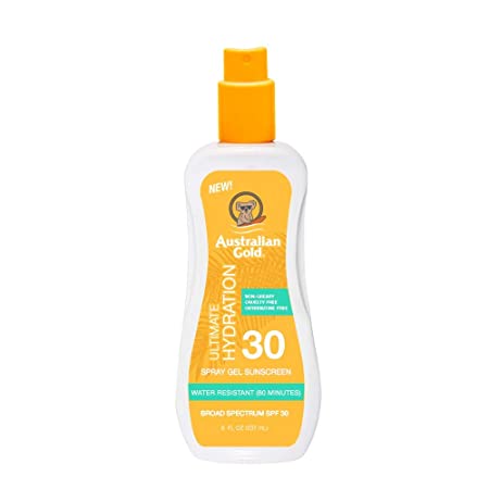 Australian Gold Spray Gel Sunscreen Moisturize Hydrate Skin, Broad Spectrum, Water Resistant, NonGreasyc, Oxybenzone Free, Cruelty Free, SPF 30, Coconut, 8 Ounce