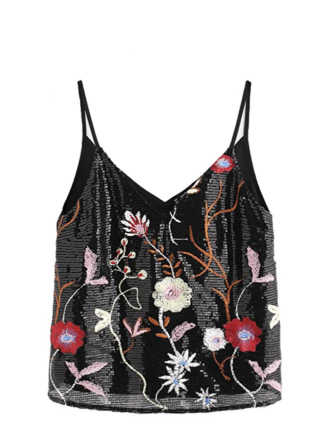 Romwe Women's Sexy Sequin Embroidered Dual V Neck Cami Basic Floral Tank Top