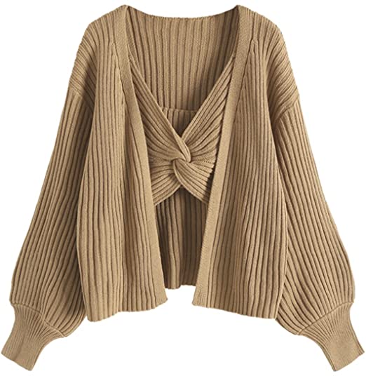 ZAFUL Women's Loose Long Sleeve Open Knit Cardigan Sweaters and Twisted Cami Top Set