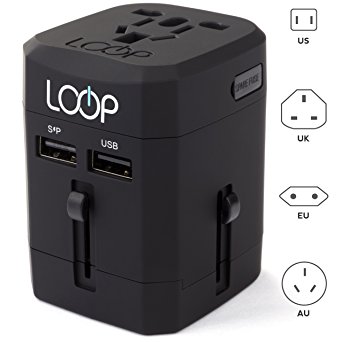 LOOP World Adapter Plug, Worldwide Travel Adapter Charger [US UK EU AU/CN] w/ Dual USB Charging Ports & Universal AC Socket - Safety Fused (Black)