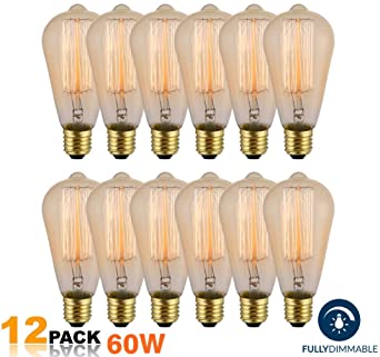 Modvera Lighting 60W Edison Light Bulb - Omni Directional Squirrel Cage Filament Amber Glass Incandescent Lamps - Antique Vintage Old Fashion ST64 2200K Warm White E26 Dimmable 370 Lumens (12 Pack)