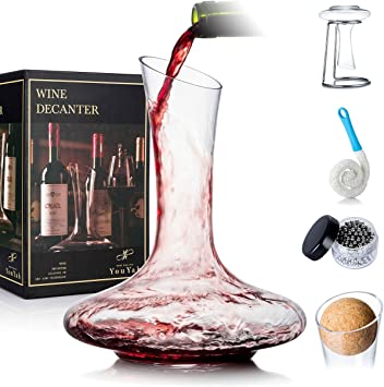 YouYah Wine Decanter Set with Drying Stand,Stopper,Brush and Beads,Red Wine Carafe,Wine Gift,Wine Aerator,Wine Accessories,Hand Blown 100% Lead Free Crystal Glass
