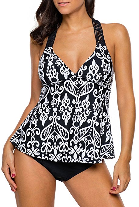 Dokotoo Womens Summer Patchwork Printed Open Back Tankini Top Set Swimsuit Swimwear