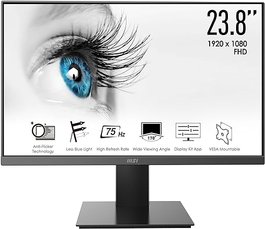 MSI Pro MP241X 24” Monitor, Full HD 1080p, 75Hz Refresh Rate, Anti-Glare Display, Less Blue Light, VESA Mountable, HDMI and VGA, Black