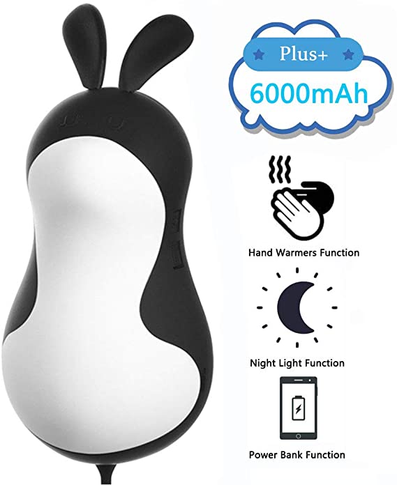 WiHoo 3 in 1 Hand Warmers/Power Bank Rechargeable with Night Light,6000mAh Cute Rabbit Hand Heaters for Children,Students,Girls and Womens(Black Rabbit)