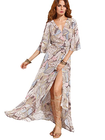 Milumia Women's Boho Deep V Neck Floral Chiffon Wrap Split Long Dress