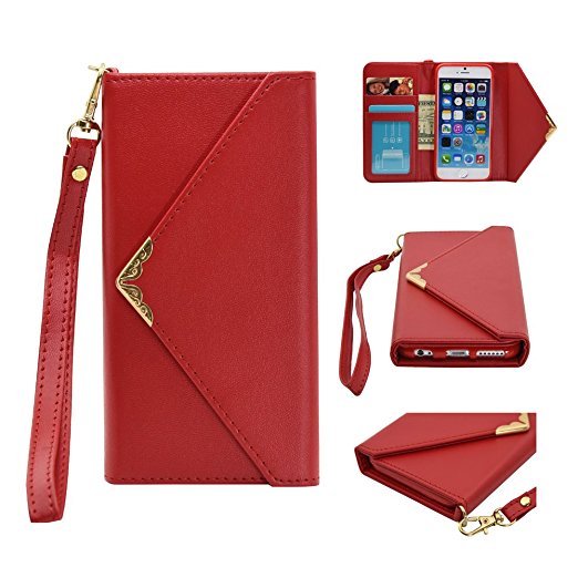 IPhone 6S Wallet Case,Rejazz [Red]Iphone 6 Envelope Flip Handbag Shell Women Wallet PU Leather Magnetic Folio Cover Cases with Credit Card ID Holders Wrist Strap for Apple Iphone 6/6s 4.7"