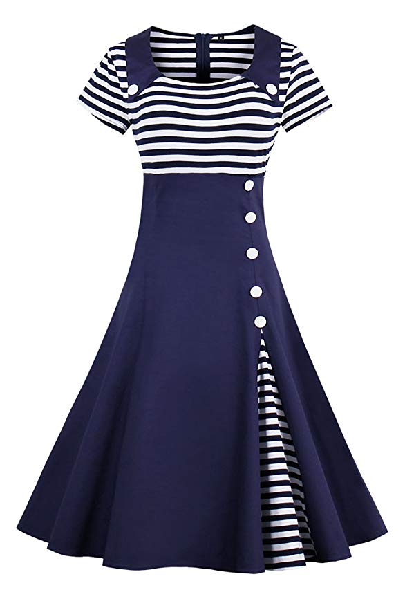 ROSE IN THE BOX Women's 1950s Summer Sailor Collar Cocktail Party Swing Dresses