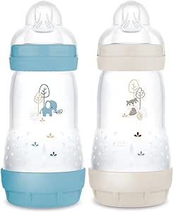 MAM Lot de 2 biberons Easy Start Anti-Colique 2  mois débit moyen (2 x 260 ml) Océan   Sable – Biberon pour réduire les coliques et l'inconfort de bébé – Biberon bébé compatible avec l'allaitement