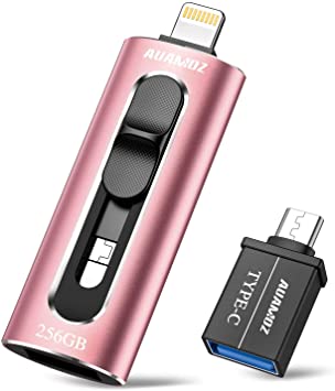 iPhone Flash Drives 256GB iPhone Photo Stick, AUAMOZ iPhone USB 3.0 Memory Photo Stick for iPhone 11 Pro X XR XS MAX, iPhone Flash Drive with 4 Ports Compatible for iPhone/iPad/Android/Computer (Pink)