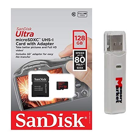 SanDisk Ultra 128GB UHS-I Class 10 MicroSDXC Memory Card Up to 80mb/s SDSQUNC-128G with Adapter and SD Memory Card Reader