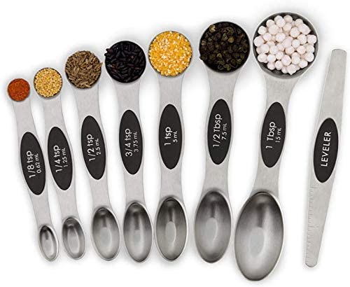Measuring Spoons, Magnetic Measuring Spoons Set of 8 Stainless Steel Dual Sided Teaspoon and Tablespoon Stackable with Leveler Fits in Different Spice Jars for Dry and Liquid Ingredients