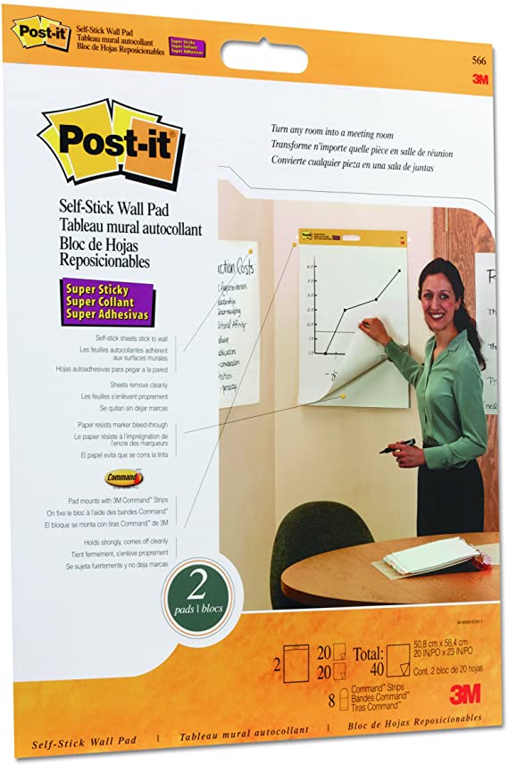 Post-it Super Sticky Wall Easel Pad, 20 x 23 Inches, 20 Sheets/Pad, 2 Pads (566), Portable White Premium Self Stick Flip Chart Paper, Rolls for Portability, Hangs with Command Strips