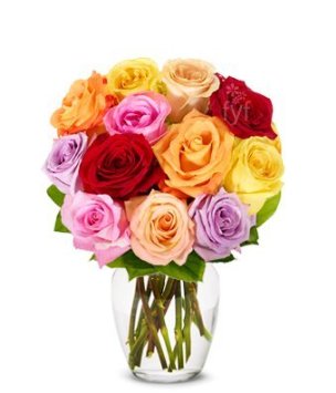 From You Flowers - One Dozen Rainbow Roses (Free Vase Included)