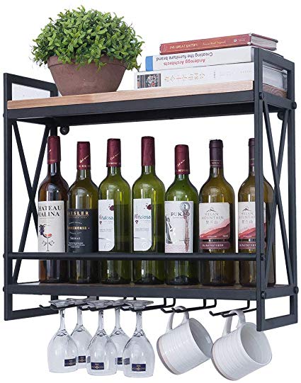 Industrial Wine Racks Wall Mounted with 5 Stem Glass Holder,23.6in Rustic Metal Hanging Wine Holder Wine Accessories,2-Tiers Wall Mount Bottle Holder Glass Rack,Wood Shelves Wall Shelf Home Decor