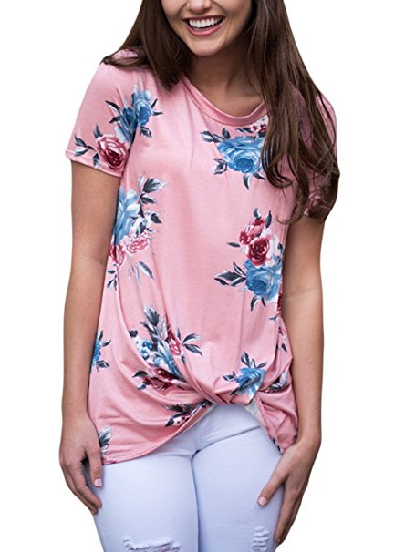 Dokotoo Womens Summer Casual Short Sleeve Floral Knot Blouse Tops and T-Shirts