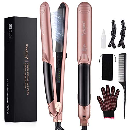 Steam Hair Straightener,Magicfly Professional Ceramic Tourmaline Ionic Steam Flat Iron with Vapor, 360°Swivel Cord, Heat up Fast Hair Iron with 5 Temperature Modes for Most Hair Types, Rose Gold