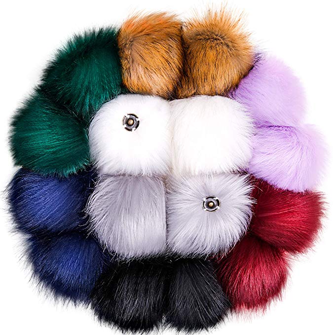 Tatuo DIY Faux Fur Pom Poms Ball with Press Button Removable Fluffy Pompom for Knitting Hats Shoes Scarves Bag Accessories (Mix Colors, 16)