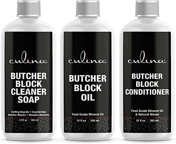 Culina Wood Premium Set Soap Oil and Wax Food Grade Mineral Oil Soap and Wax Conditioner for Cutting Boards, Countertops and Butcher Blocks - Food Safe and Made in The USA