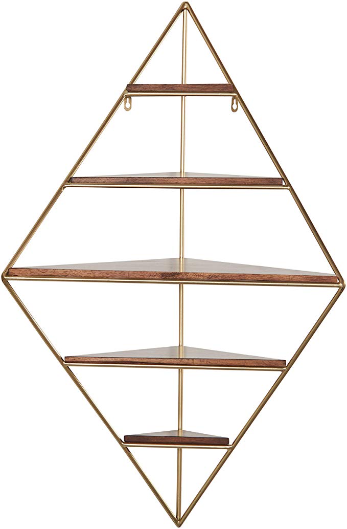 Rivet Modern Corner Floating Triangle 5 Shelf Wall Unit Decor - 36 Inch, Natural Wood and Gold