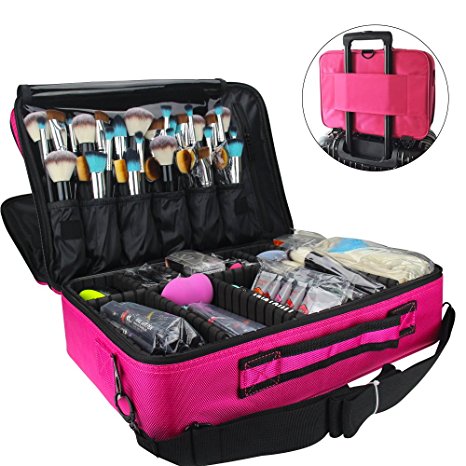 Travelmall Makeup/Beauty Train Case Cosmetic Organizer Make Up Artist Box 3 layer Multi Functional Professional Make up Storage Case With straps for Travel Makeup Brush Hair Style Nail Beauty tool Red