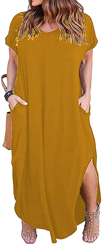 Kancystore Women's Plus Size Casual Loose Pocket Long Dress Short Sleeve Plus Size Slit Maxi Dress XL-5X