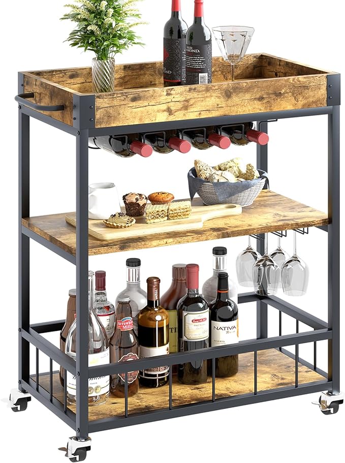 aboxoo Wine Serving Bar Cart 3 Tiers Large Home Trolley Rolling Wine Rack with Wheels Mobile Kitchen Serving Cart,Industrial Vintage Style Wood Metal Serving Trolley Glass Holder Bar Cabinet