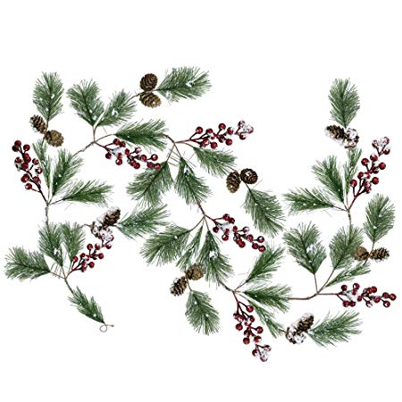 Supla 5.9 Feet Seasonal Artificial Rustic Snowy Pine Needle Red Berry Clusters Mini Pine Cones Garland Christmas Garland Hanging String Wire Vine Holiday Winter Indoor Outdoor Decor