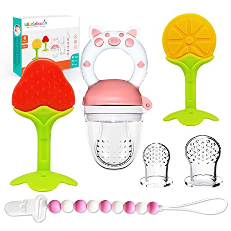 BIGSPINACH Fresh Food Feeder Pacifier, Fruit Shaped Silicone Baby Teether, Sensory Silicone Beads Pacifiers Clip Set 0-3,3-6,6-12,12-24 Months(6-Pack)