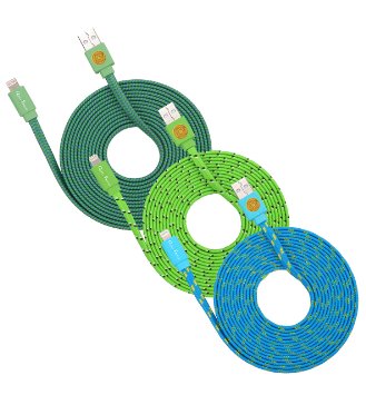 10ft Braided Flat Noodle Lightning Cables for iPhone 6s, 6 Plus (teal grn blu)