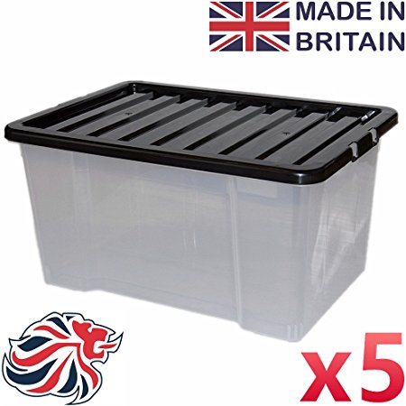 CrazyGadget® 50L 50 Litre Large Big Plastic Storage Clear Box Strong Stackable Container - Made In U.K. - Pack of 5