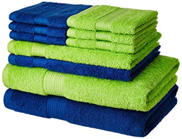 Amazon Brand - Solimo 100% Cotton 10 Piece Towel Set, 500 GSM (Iris Blue and Spring Green)