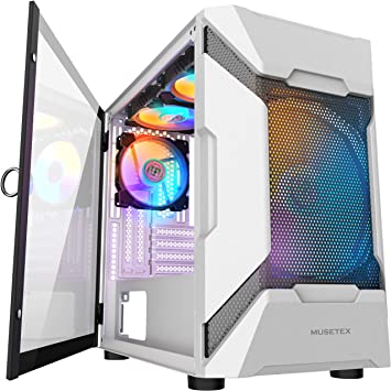 MUSETEX MESH Micro ATX Tower Case with 4 PCS × ARGB Fans Pre Installed and 2 PCS ×USB 3.0 Ports, Magnetic Design Opening Tempered Glass Panel & Mesh Front Panel Gaming PC Case（MK7-WN4）