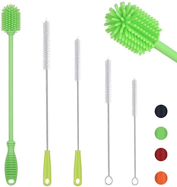 ALINK 5-Pack Silicone Bottle Brush Cleaner, Long Handle Water Bottle Straw Cleaning Brush for Baby Bottles, Haydro Flask Tumbler, S'well, Manna, Glasses, Soda Stream and Narrow Neck Container – Green